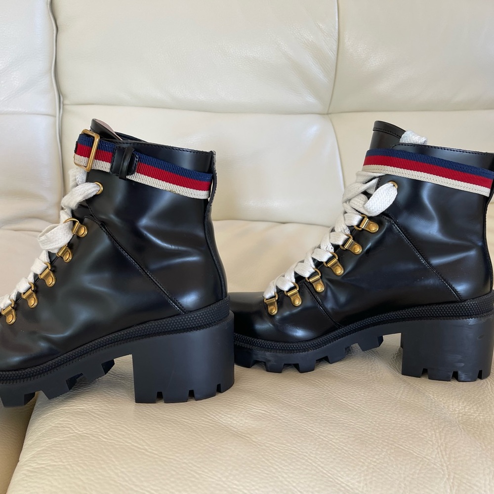 Gucci calfskin Sylvia web lace up combat boots - Picture 6 of 12